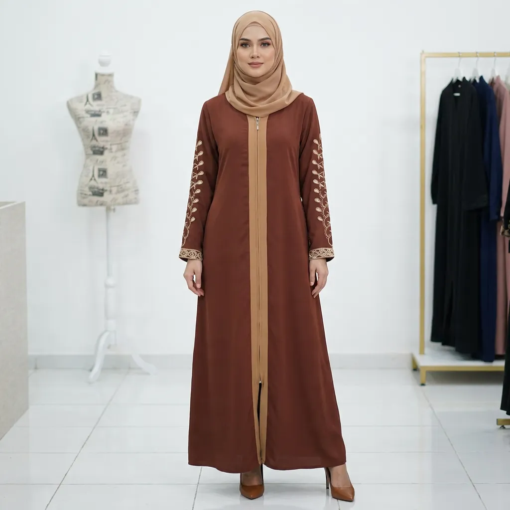 Brown-full-length-abaya-with-beige-front-zip-panel-and-gold-embroidered-long-sleeves
