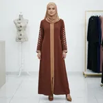 Brown-full-length-abaya-with-beige-front-zip-panel-and-gold-embroidered-long-sleeves