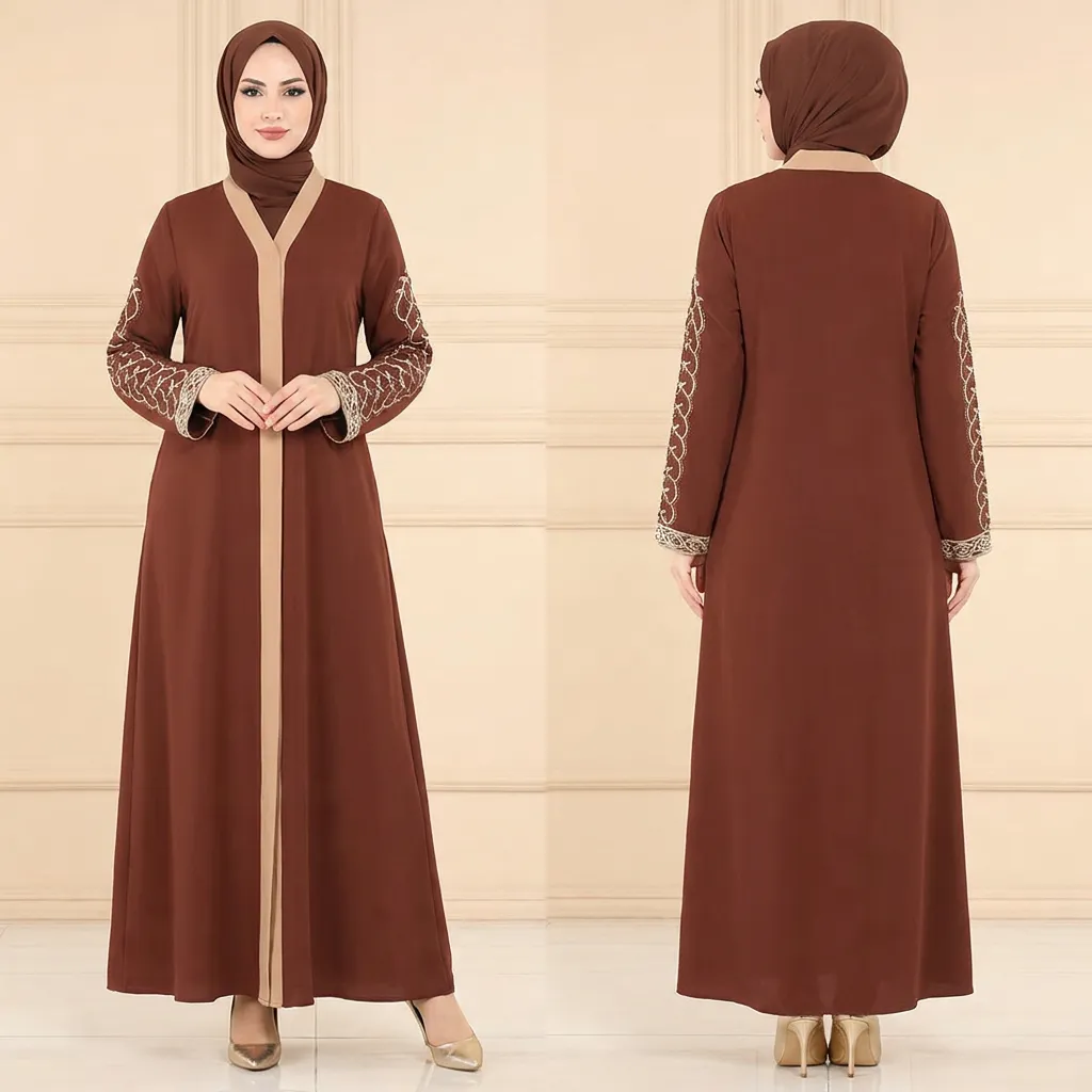 Brown-full-length-abaya-with-beige-front-zip-panel-and-gold-embroidered-long-sleeves