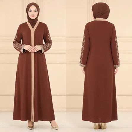 Brown-full-length-abaya-with-beige-front-zip-panel-and-gold-embroidered-long-sleeves