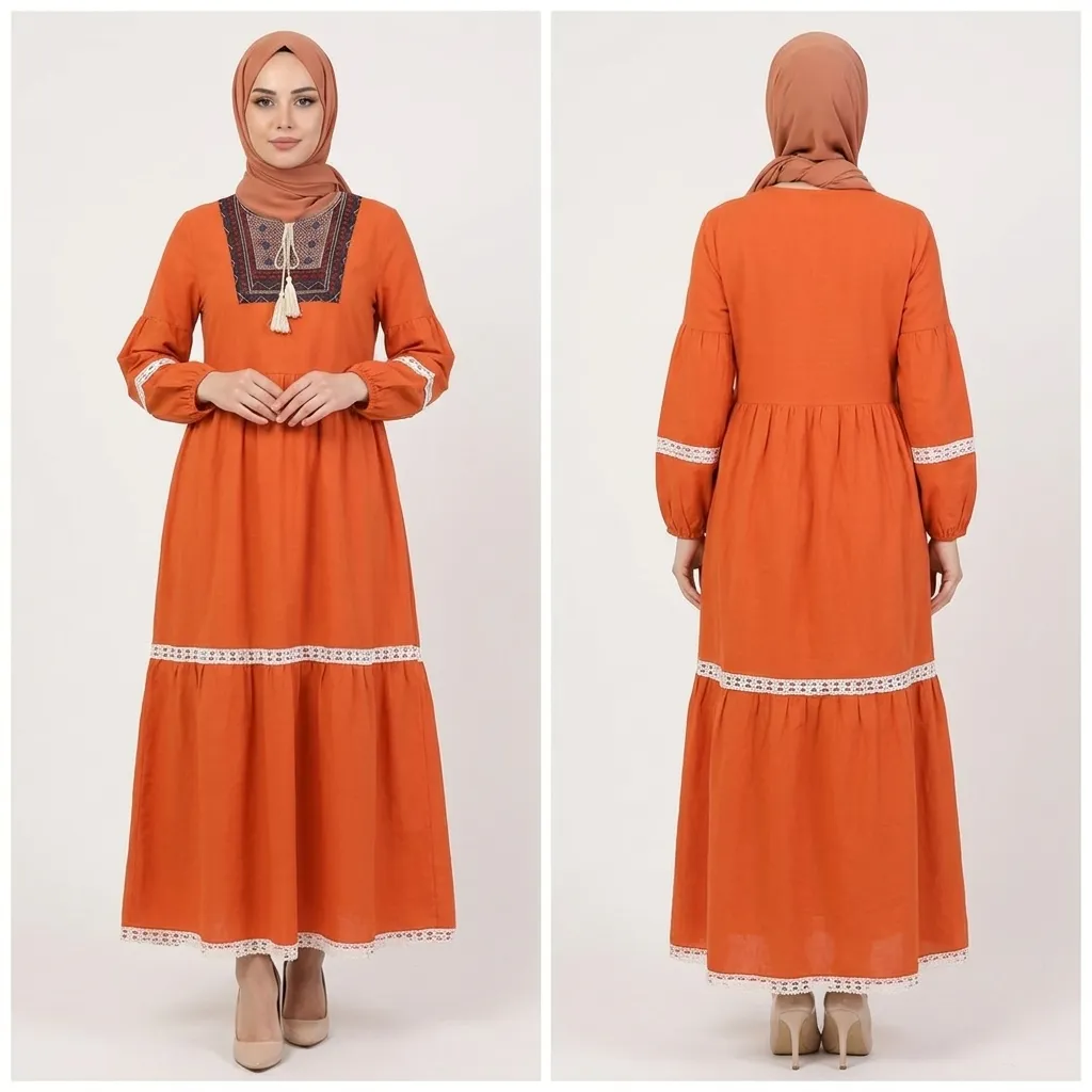 Orange-embroidered-tiered-maxi-dress-with-tassel-tie-neck-and-long-puff-sleeves