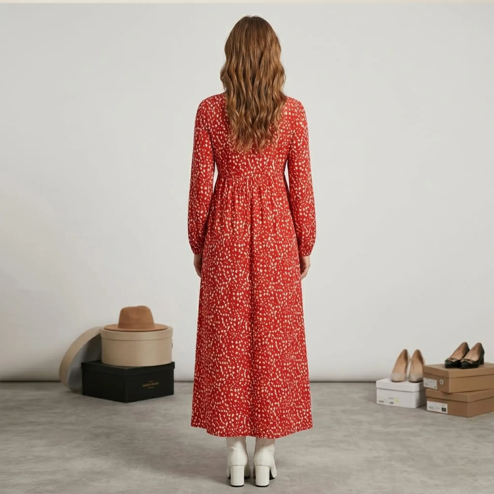 Red-printed-maxi-dress-with-smocked-waist-round-neck-and-full-sleeves-for-women