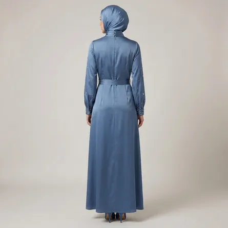 Dusty-blue-satin-abaya-dress-with-tie-neckline-pearl-sleeve-detail-maxi-dress