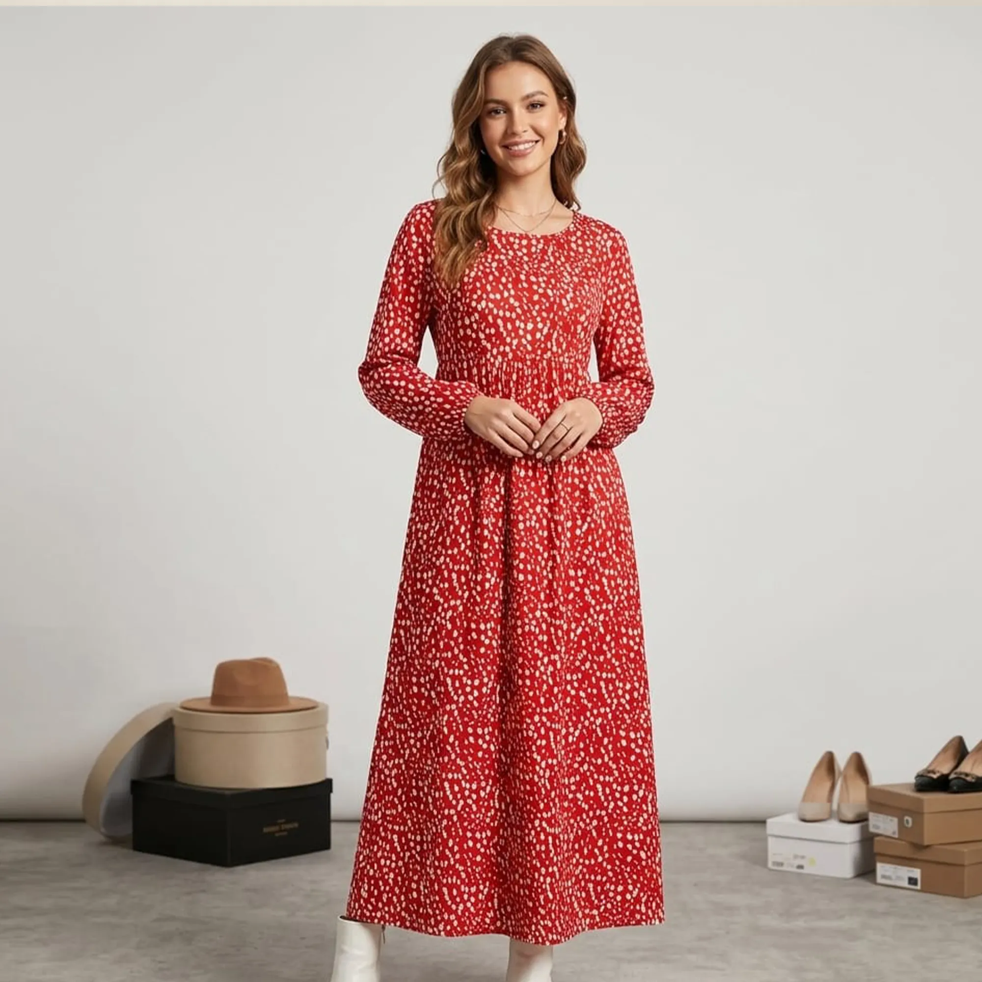 Red-printed-maxi-dress-with-smocked-waist-round-neck-and-full-sleeves-for-women
