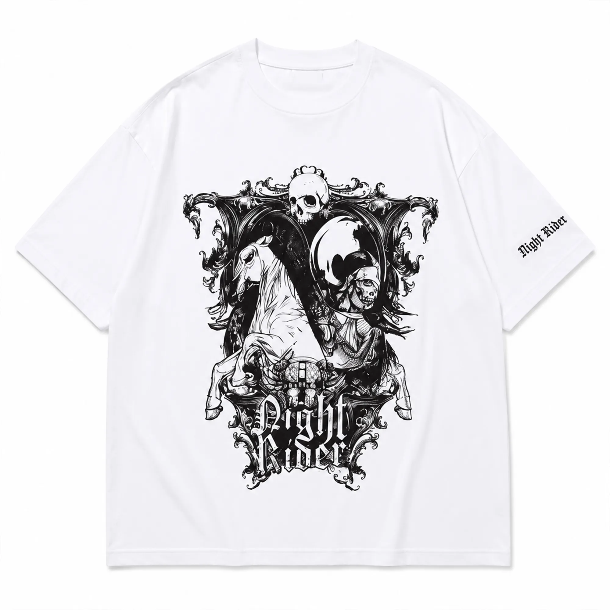 white-night-rider-graphic-tshirt-with-gothic-skull-horse-and-rider-print-oversized-round-neck-unisex-tshirt