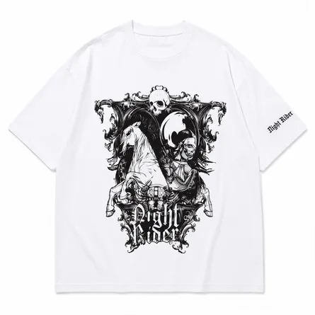 white-night-rider-graphic-tshirt-with-gothic-skull-horse-and-rider-print-oversized-round-neck-unisex-tshirt