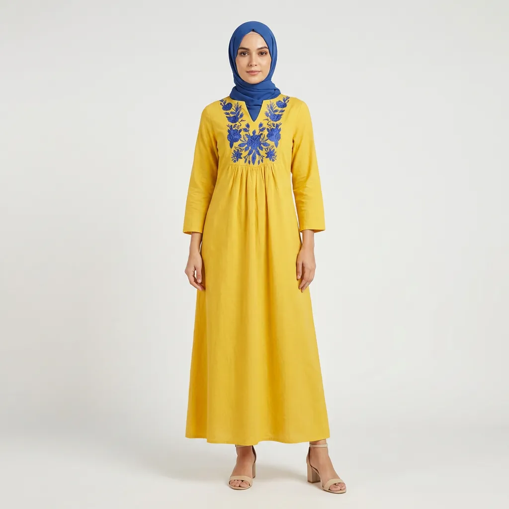 Yellow-maxi-dress-with-blue-floral-embroidered-yoke-and-long-sleeves