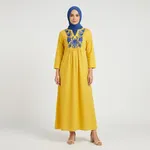 Yellow-maxi-dress-with-blue-floral-embroidered-yoke-and-long-sleeves