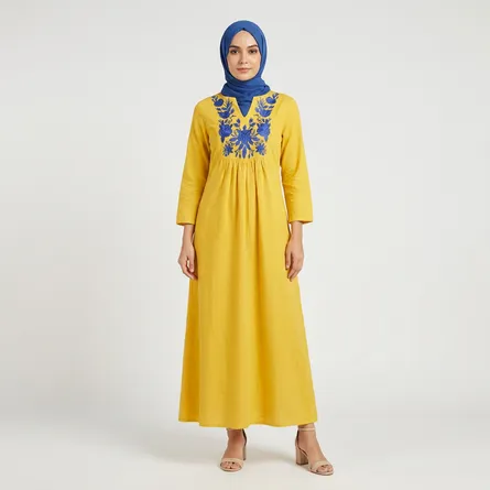 Yellow-maxi-dress-with-blue-floral-embroidered-yoke-and-long-sleeves