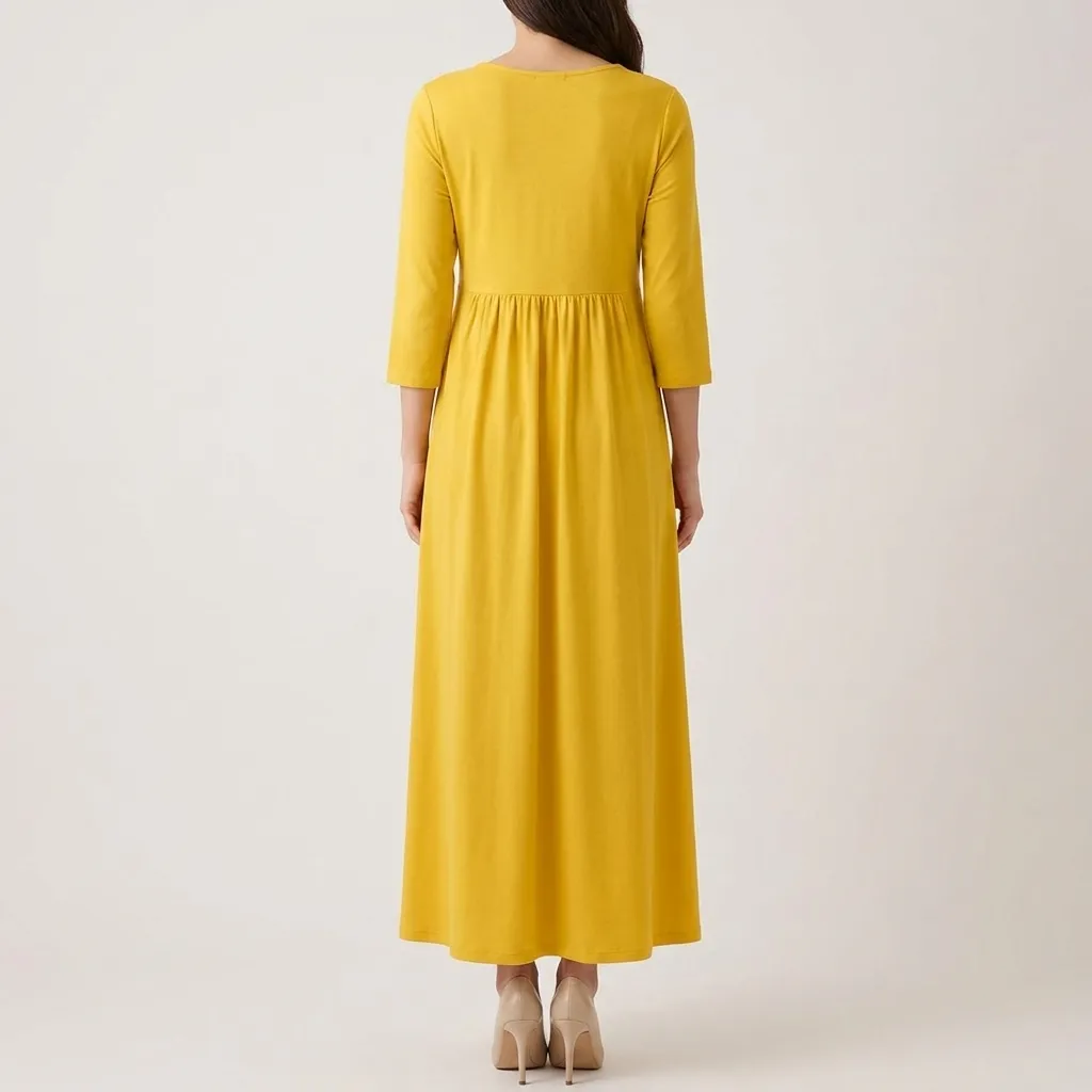 Yellow-maxi-dress-with-blue-floral-embroidered-yoke-and-long-sleeves