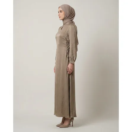 Gold-satin-abaya-dress-with-lace-up-waist-detail-high-neck-long-sleeves