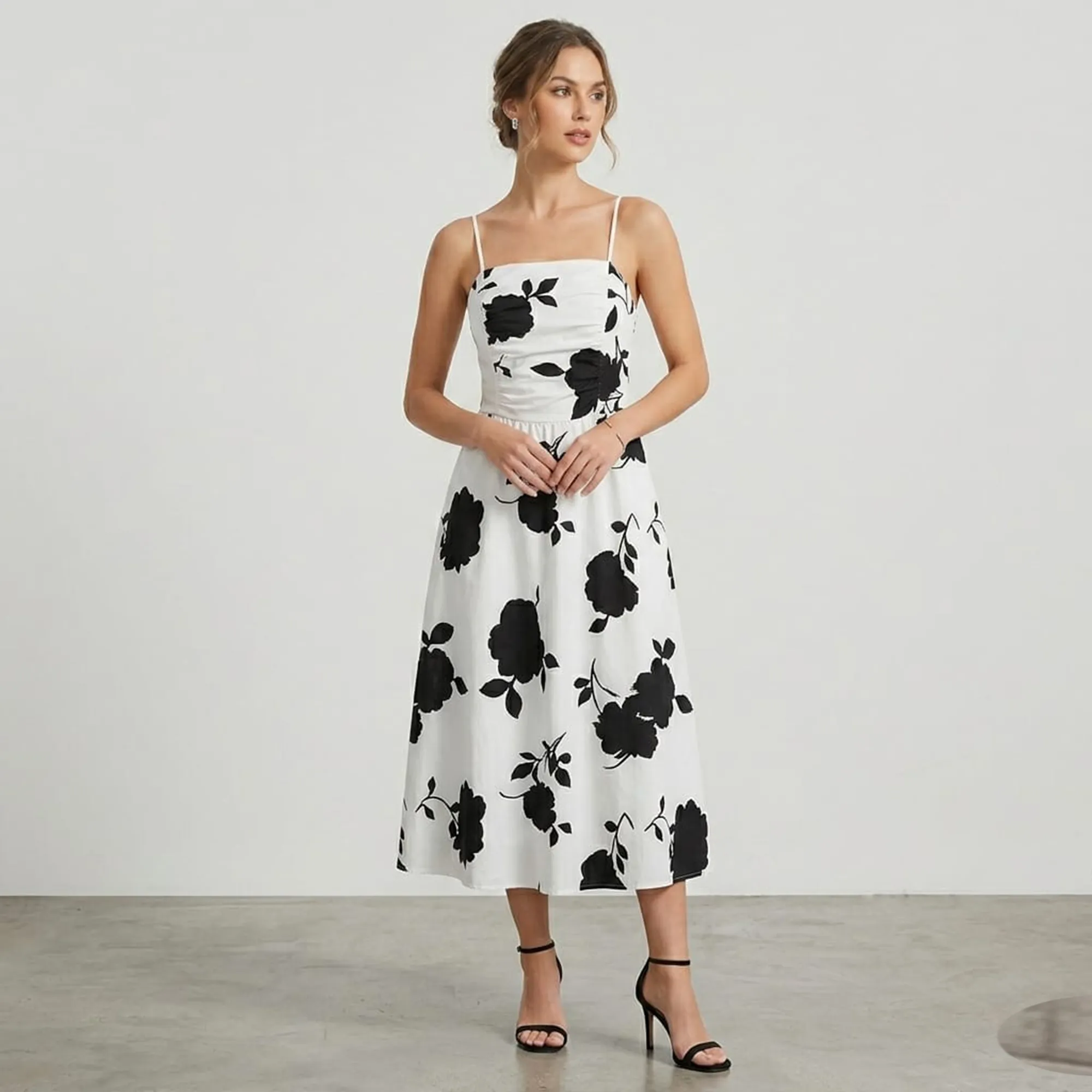 Black-and-white-floral-print-sleeveless-square-neck-a-line-midi-dress-for-women