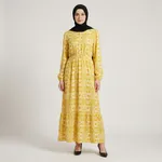 Yellow-printed-maxi-dress-with-round-neck-front-buttons-and-long-puff-sleeves
