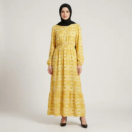 Yellow-printed-maxi-dress-with-round-neck-front-buttons-and-long-puff-sleeves