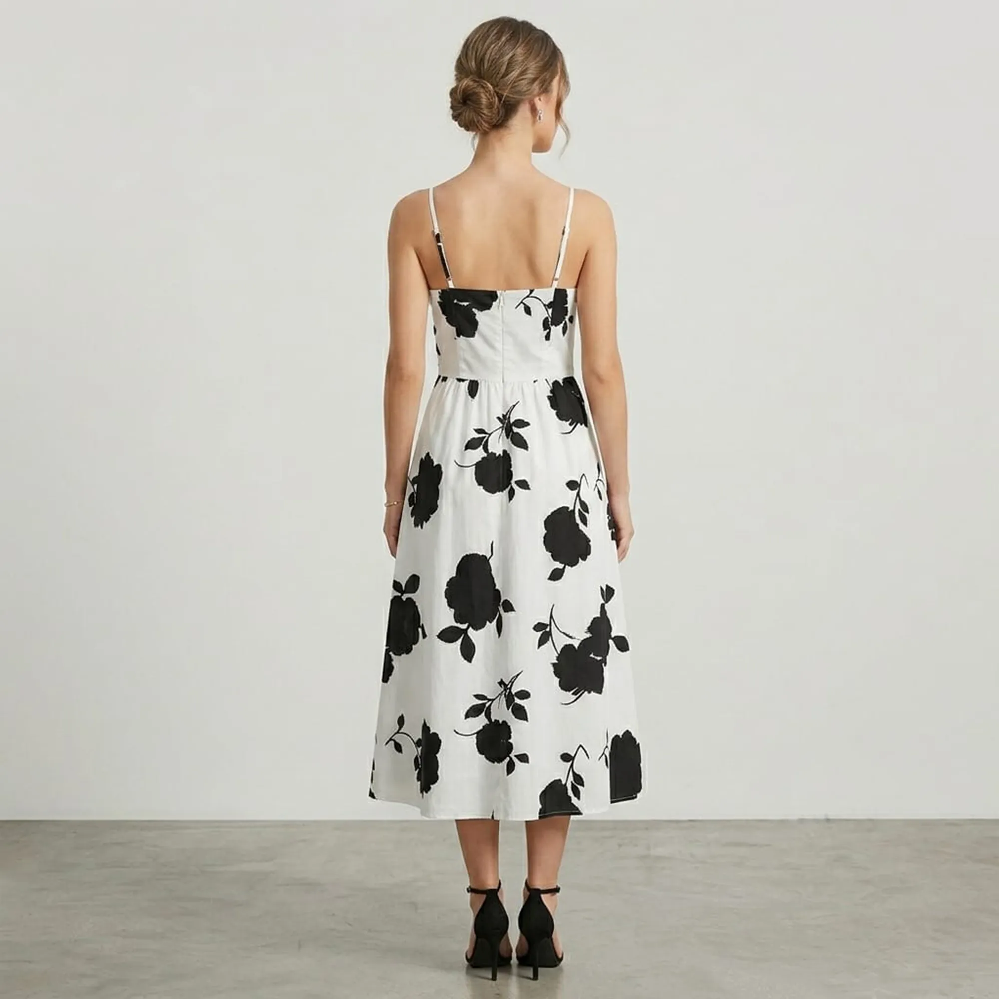 Black-and-white-floral-print-sleeveless-square-neck-a-line-midi-dress-for-women