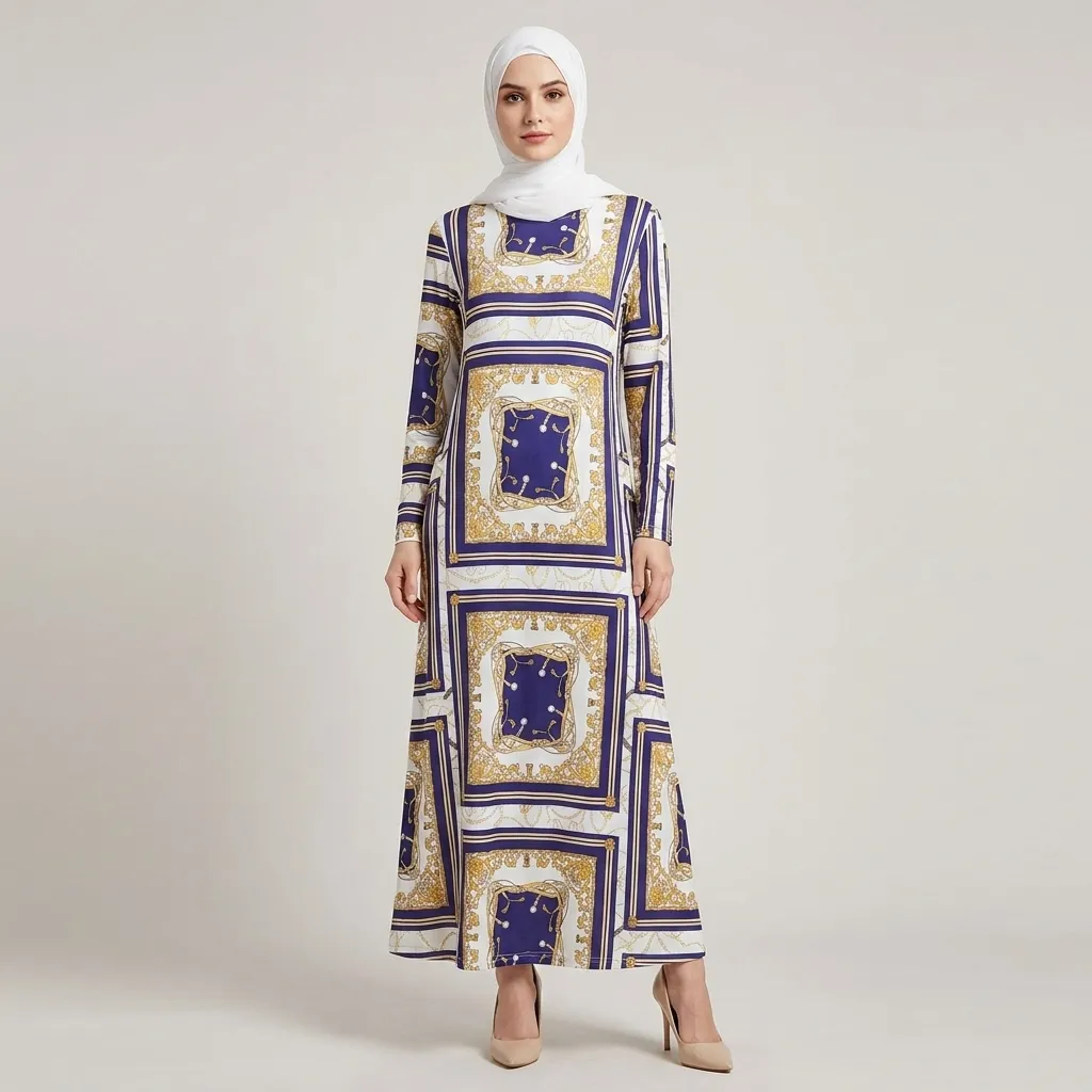 Blue-white-and-gold-scarf-print-maxi-dress-with-long-sleeves-and-round-neck
