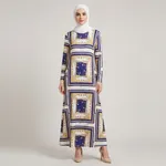 Blue-white-and-gold-scarf-print-maxi-dress-with-long-sleeves-and-round-neck