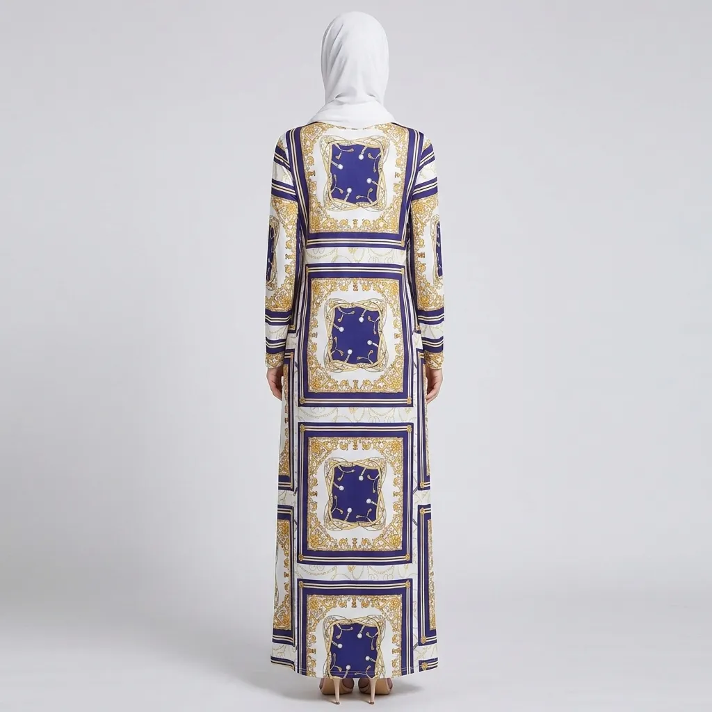 Blue-white-and-gold-scarf-print-maxi-dress-with-long-sleeves-and-round-neck