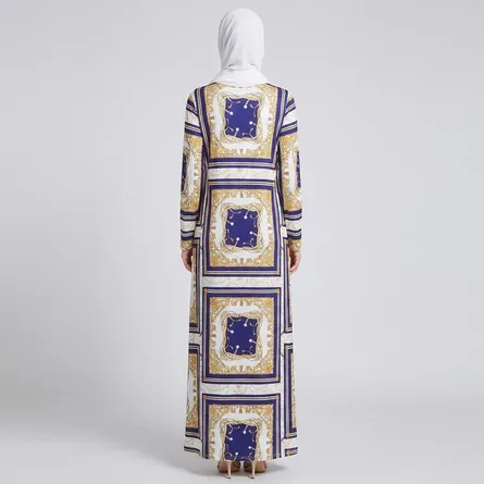 Blue-white-and-gold-scarf-print-maxi-dress-with-long-sleeves-and-round-neck
