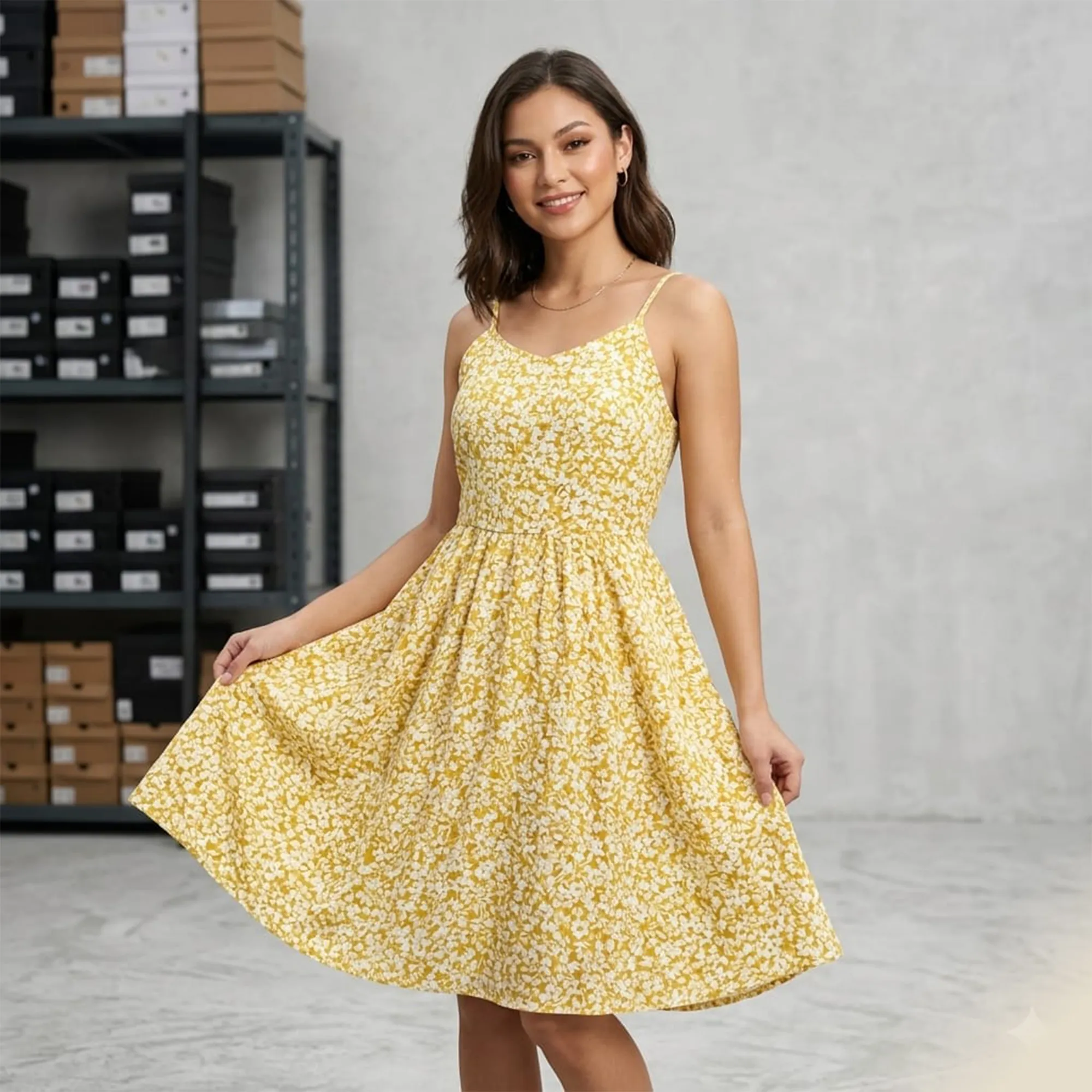 Yellow-floral-fit-and-flare-sleeveless-midi-dress-for-women-with-adjustable-straps-and-back-zipper
