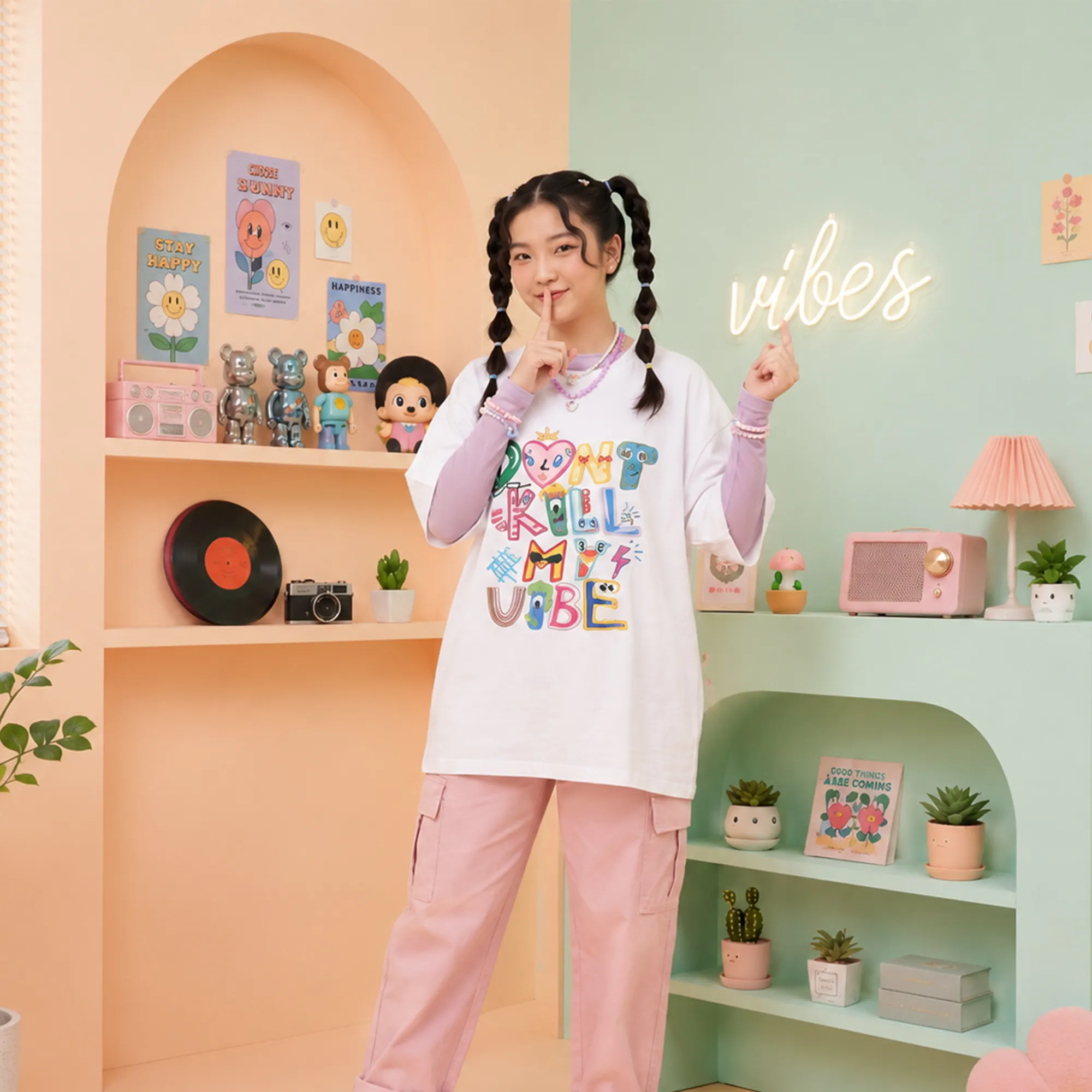 white-dont-kill-my-vibe-colorful-cartoon-typography-graphic-tshirt-oversized-round-neck-unisex-tshirt