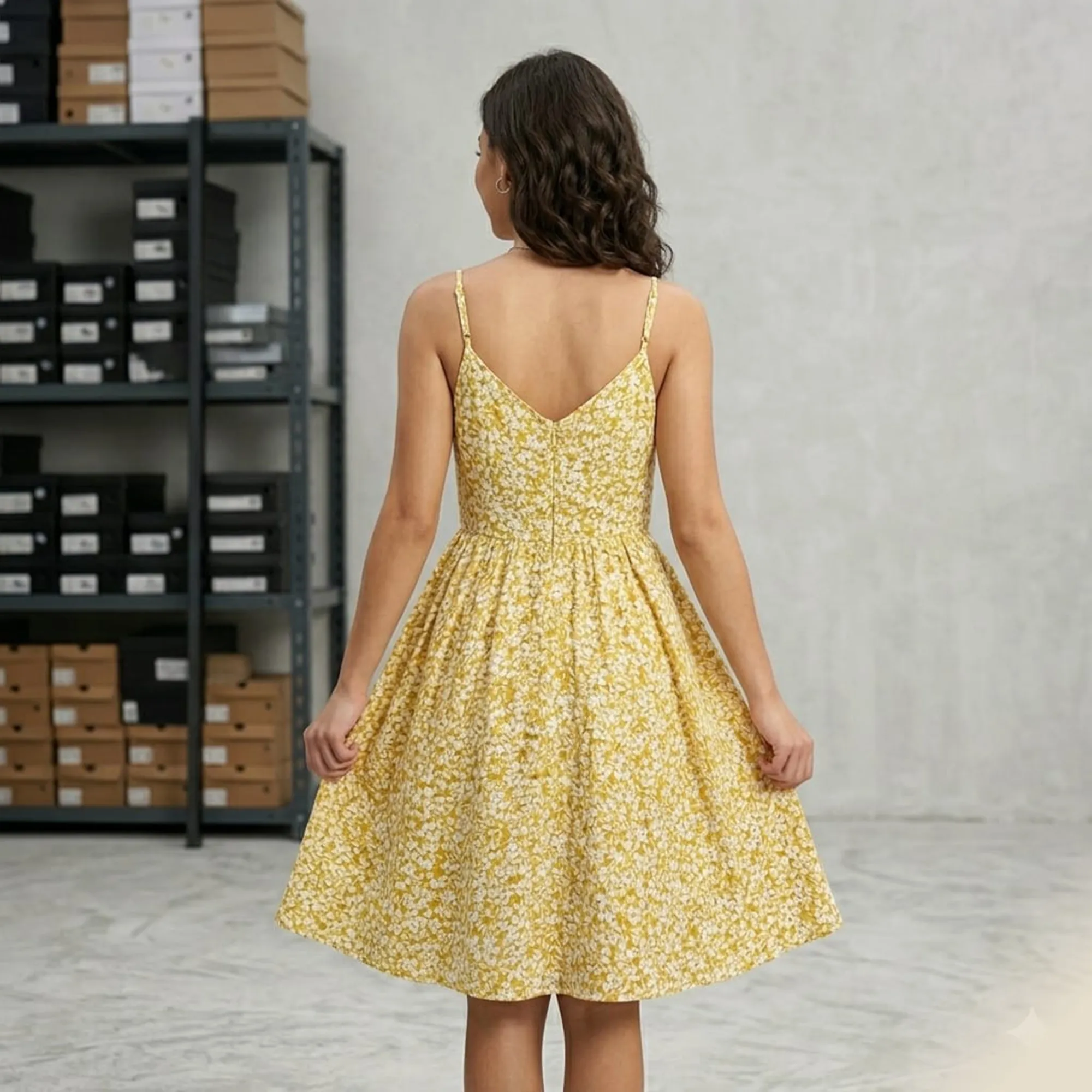 Yellow-floral-fit-and-flare-sleeveless-midi-dress-for-women-with-adjustable-straps-and-back-zipper
