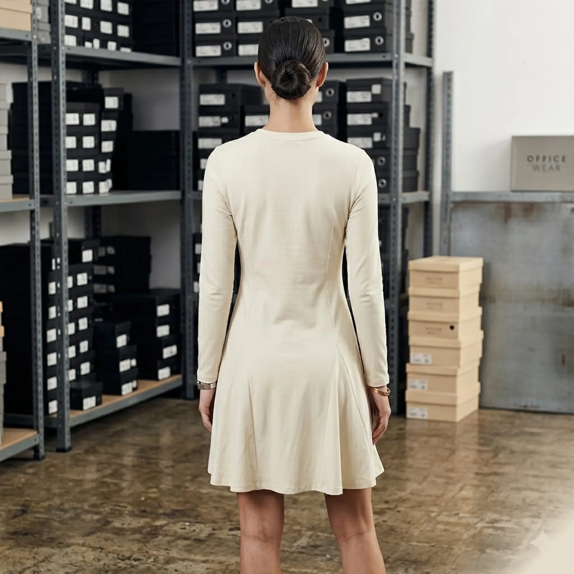 Beige-long-sleeve-fit-and-flare-mini-dress-for-women-with-round-neck-and-solid-design