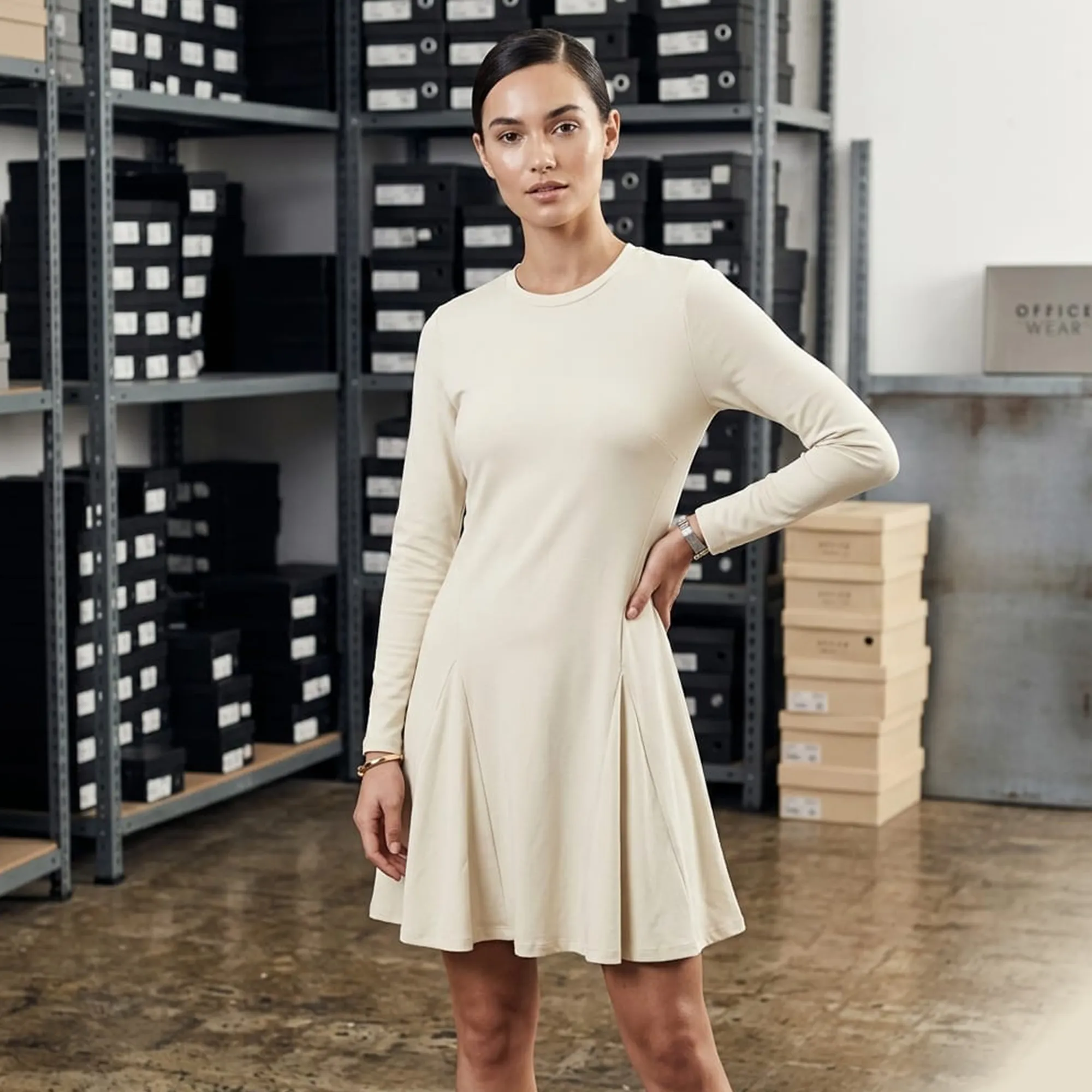Beige-long-sleeve-fit-and-flare-mini-dress-for-women-with-round-neck-and-solid-design