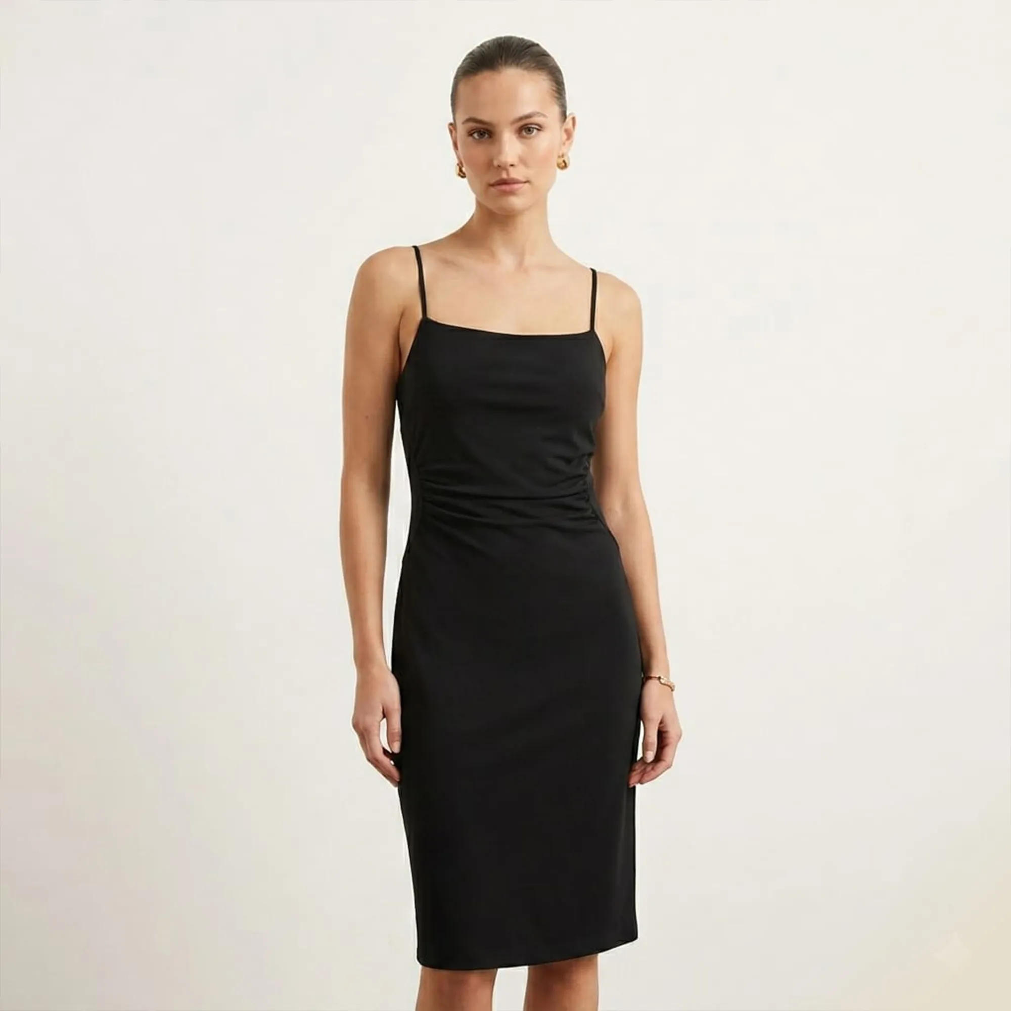 Black-bodycon-midi-dress-for-women-with-square-neck-adjustable-straps-and-side-ruched-design