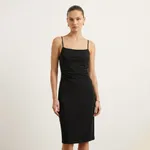 Black-bodycon-midi-dress-for-women-with-square-neck-adjustable-straps-and-side-ruched-design