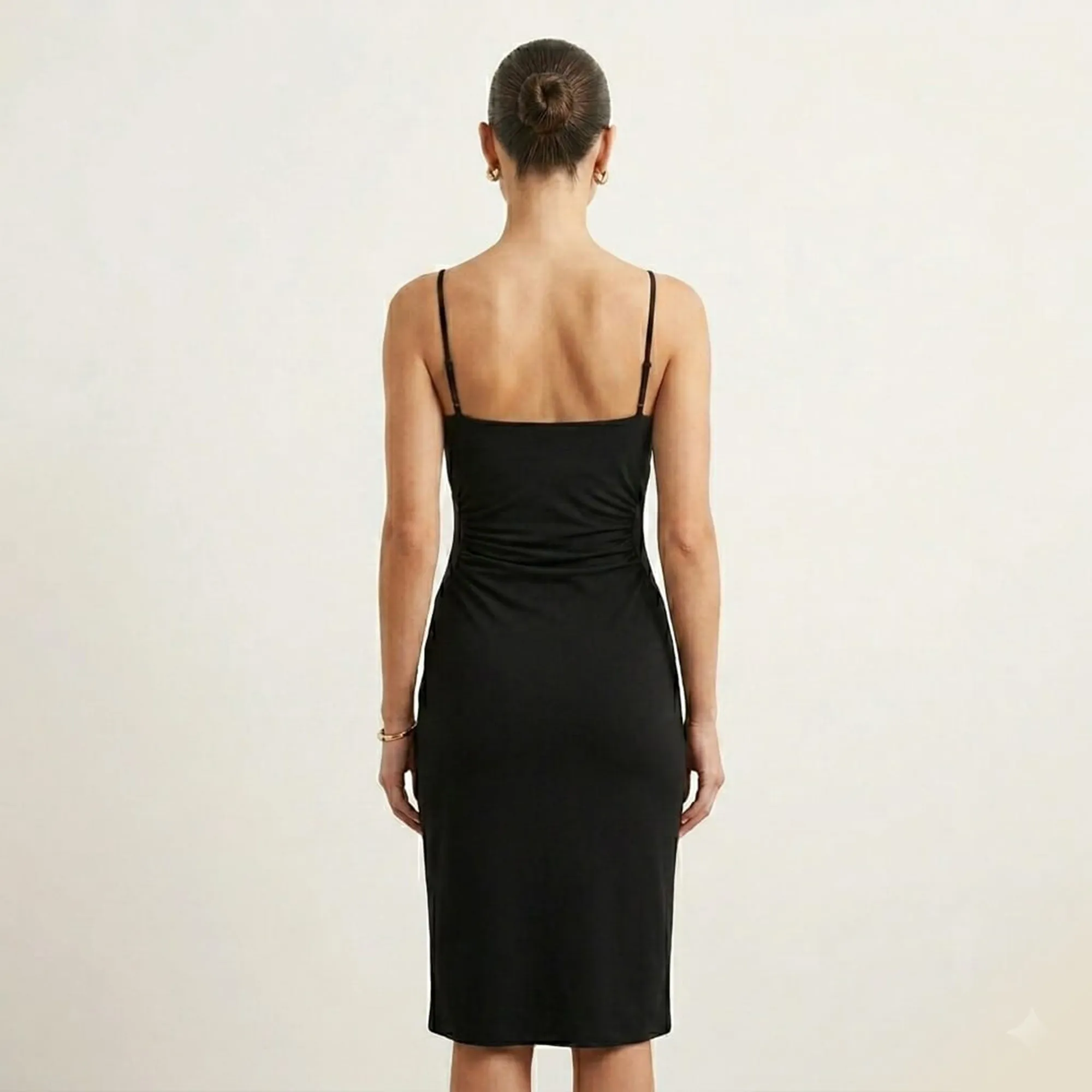 Black-bodycon-midi-dress-for-women-with-square-neck-adjustable-straps-and-side-ruched-design