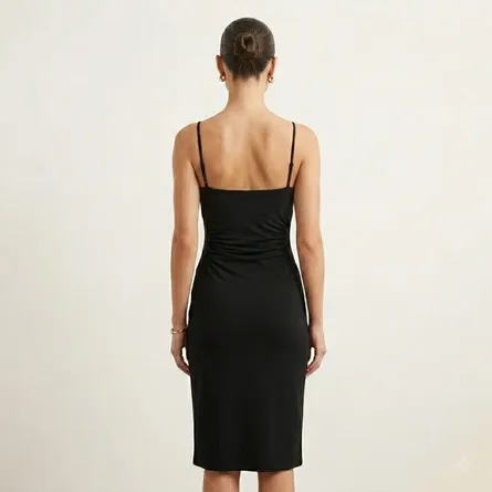 Black-bodycon-midi-dress-for-women-with-square-neck-adjustable-straps-and-side-ruched-design