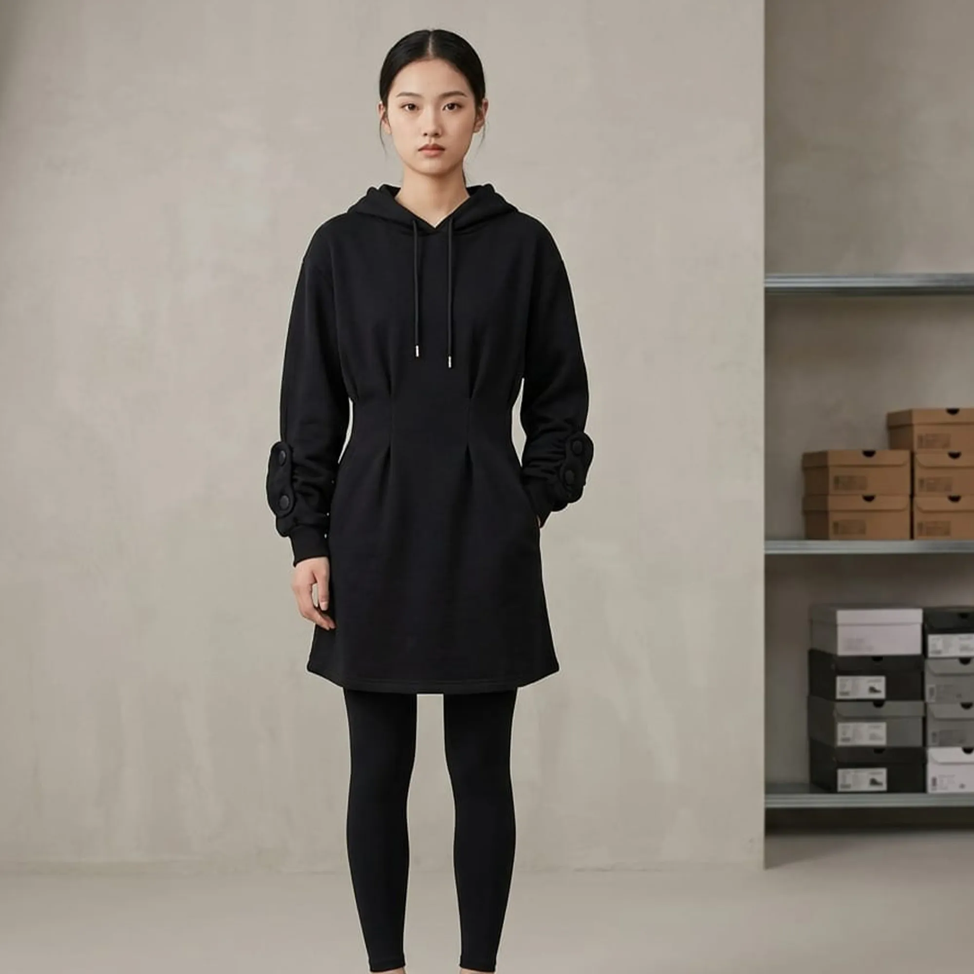 Black-hooded-sweatshirt-mini-dress-for-women-with-full-sleeves-and-drawstring-hood