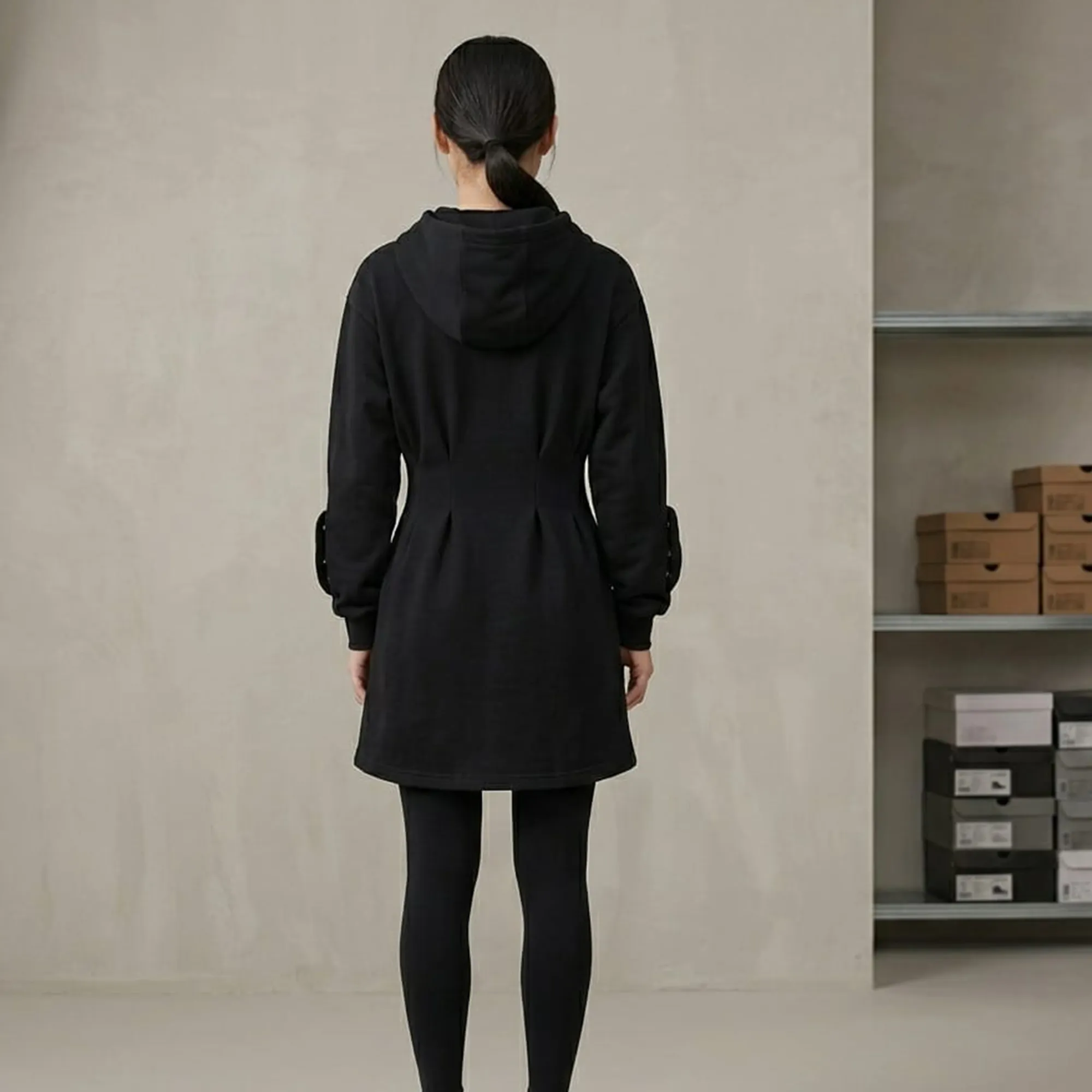 Black-hooded-sweatshirt-mini-dress-for-women-with-full-sleeves-and-drawstring-hood