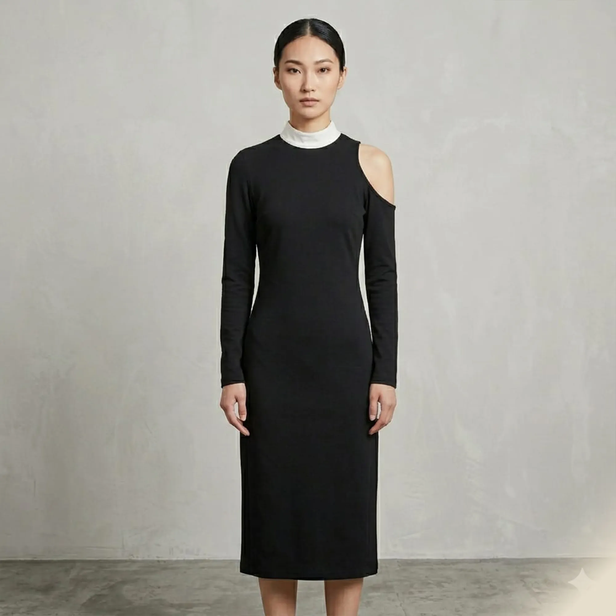 Black-high-neck-cold-shoulder-midi-dress-for-women-with-full-sleeves