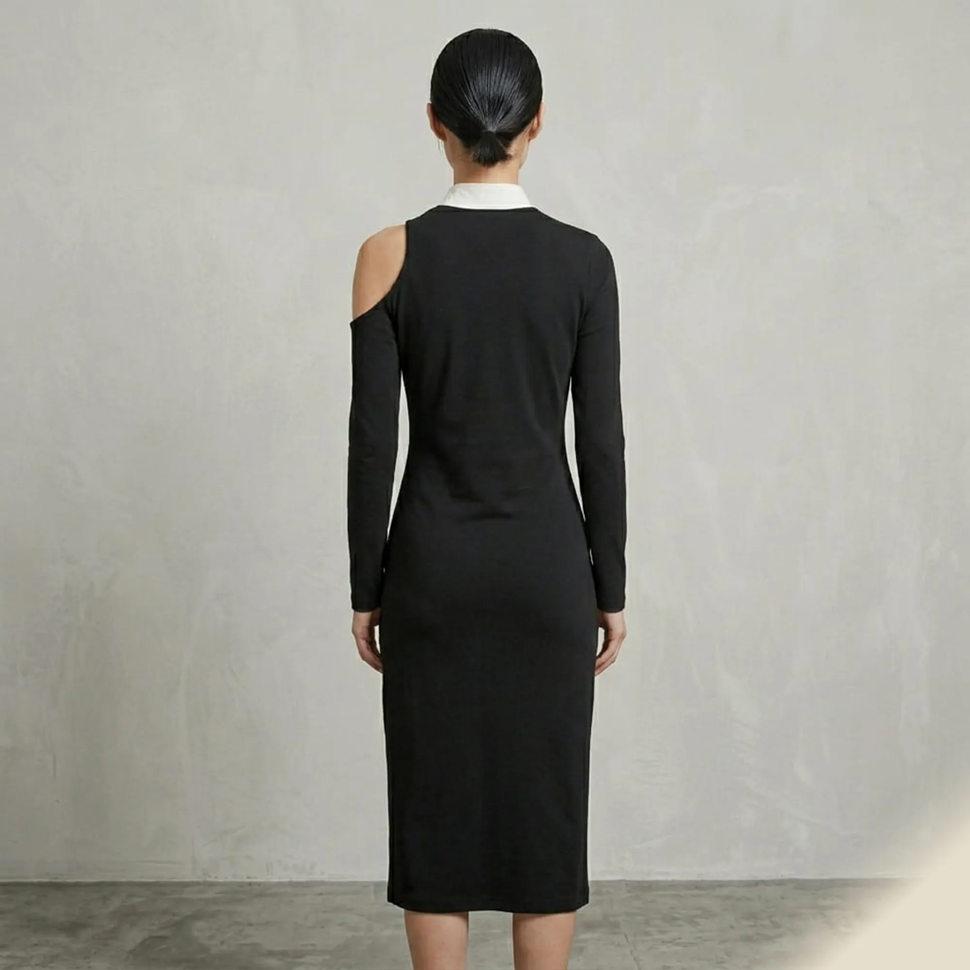Black-high-neck-cold-shoulder-midi-dress-for-women-with-full-sleeves
