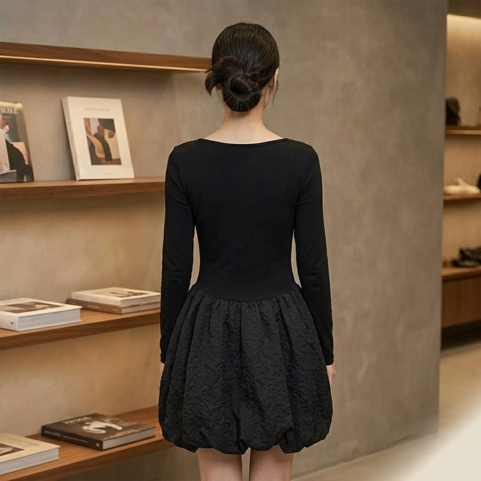 Black-long-sleeve-scoop-neck-bubble-hem-mini-dress-for-women
