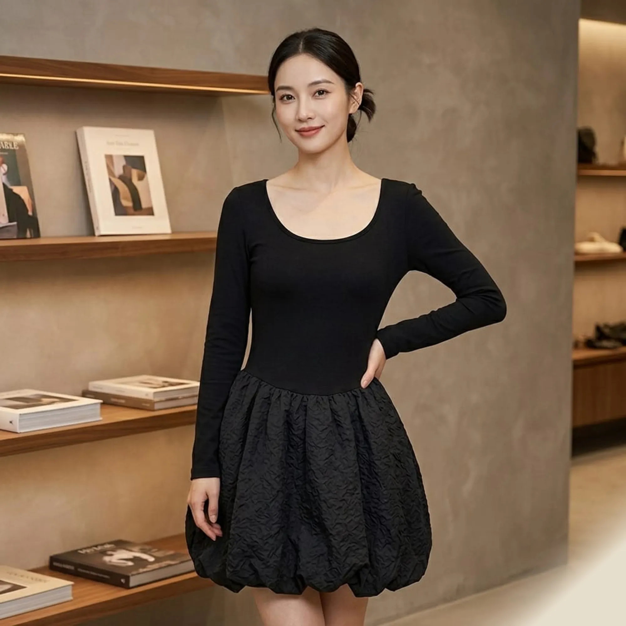 Black-long-sleeve-scoop-neck-bubble-hem-mini-dress-for-women