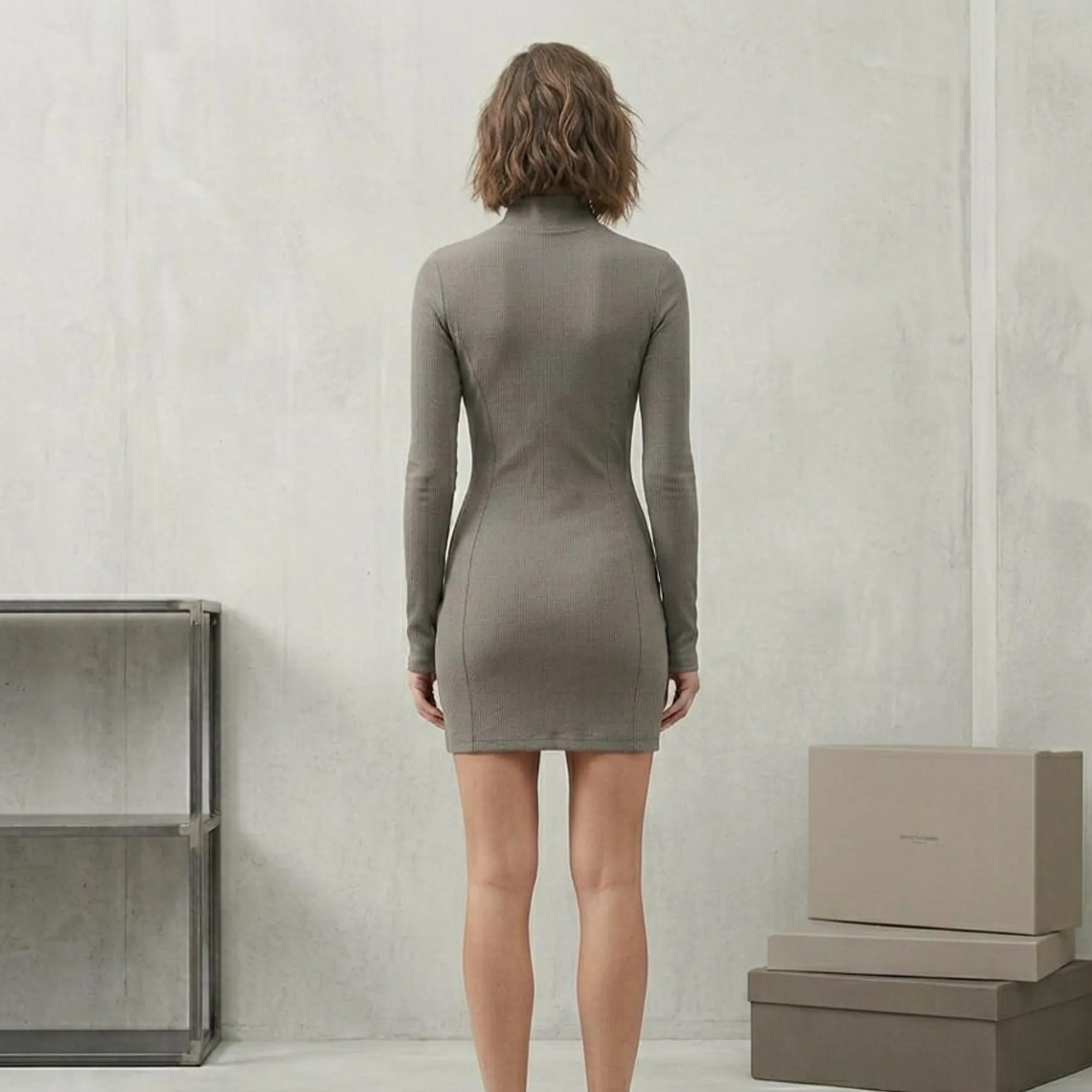 Grey-ribbed-half-zip-high-neck-bodycon-mini-dress-for-women-with-full-sleeves