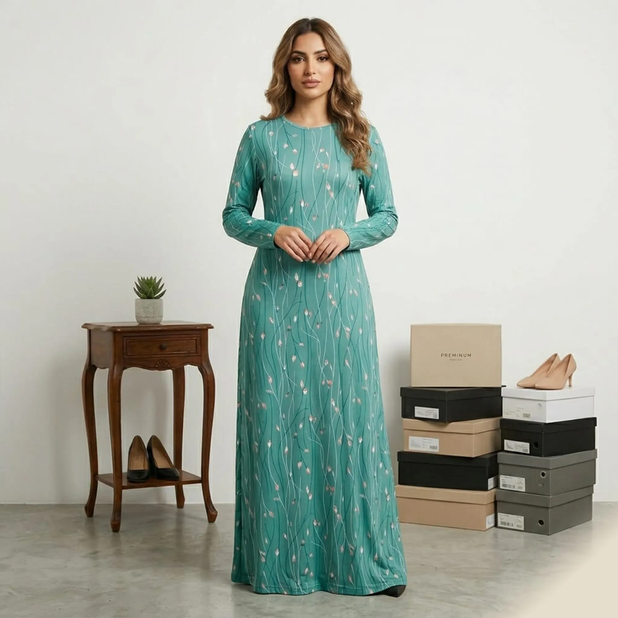 Sea-green-floral-printed-full-sleeve-round-neck-maxi-dress-for-women