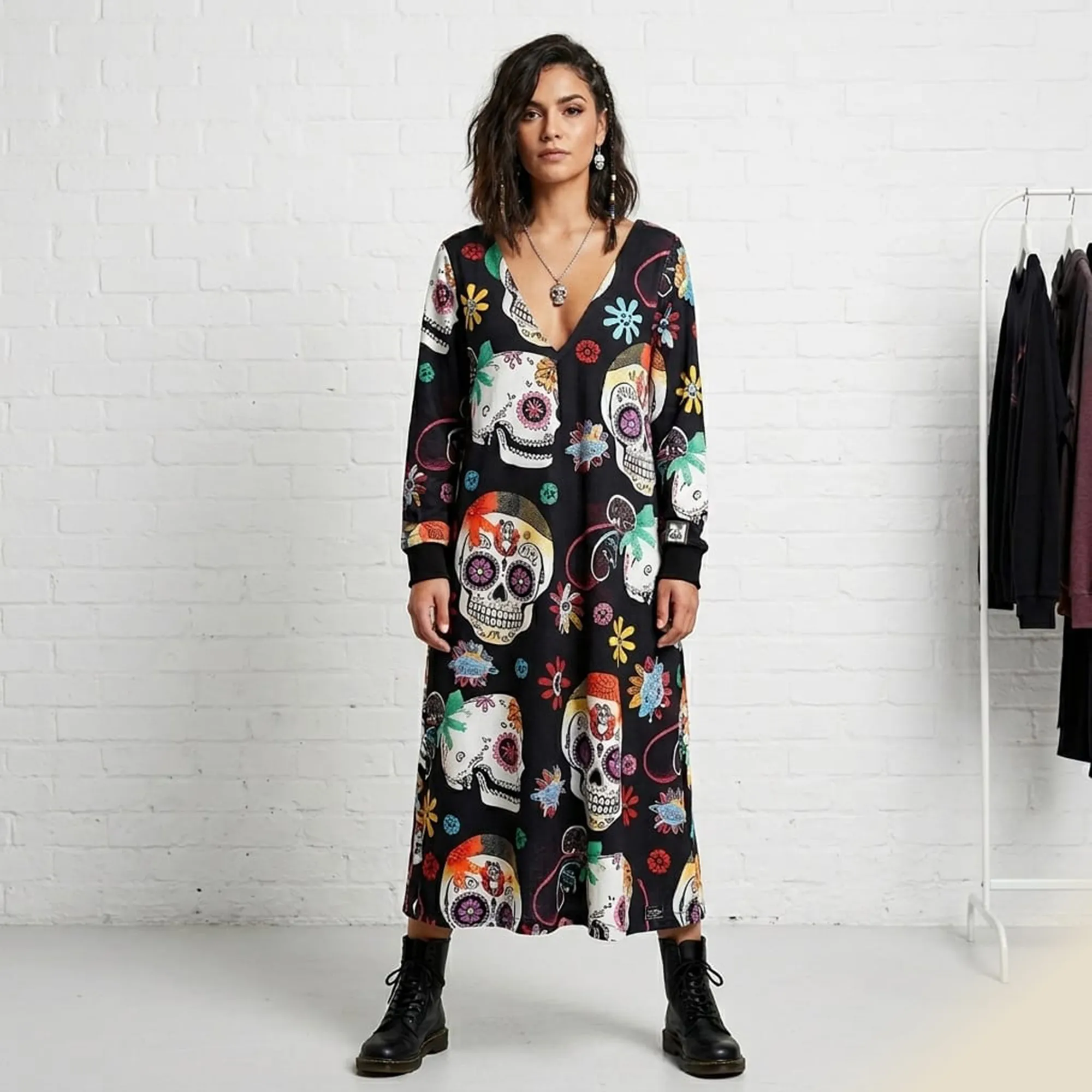 Black-V-neck-full-sleeve-skull-print-maxi-dress-for-women