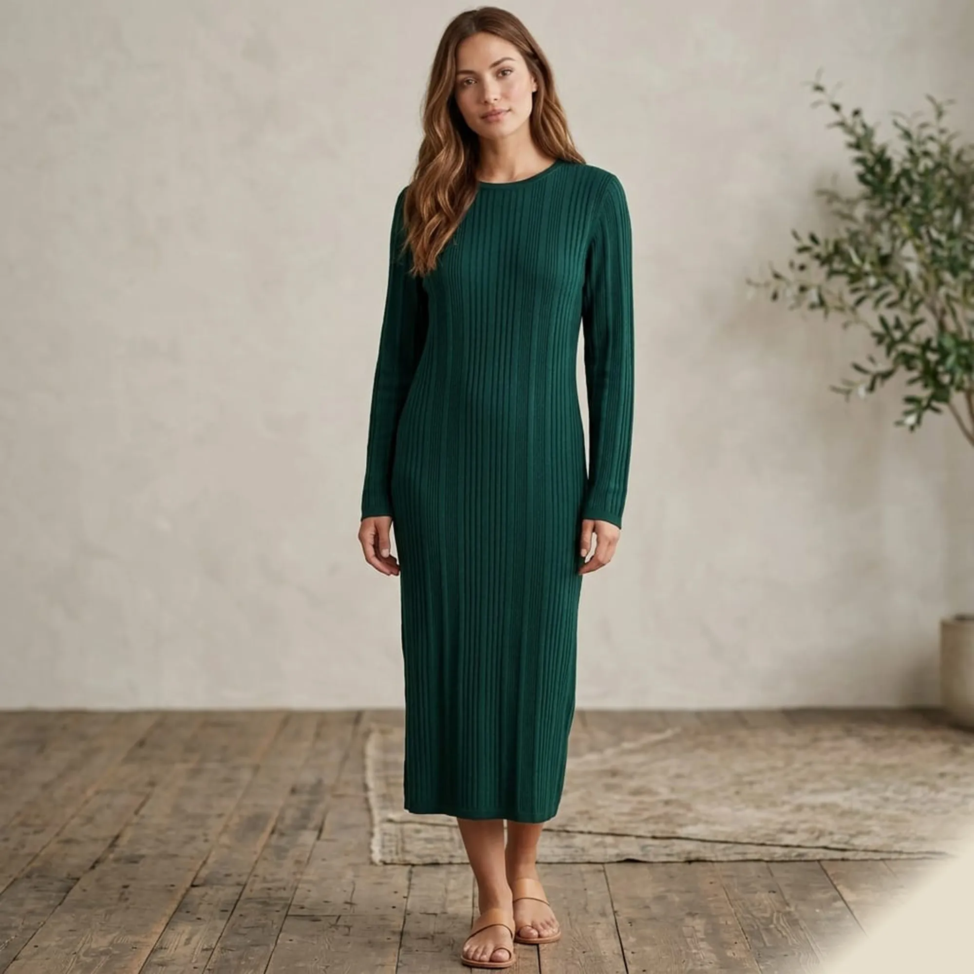 Green-ribbed-knit-open-back-midi-dress-for-women-with-full-sleeves
