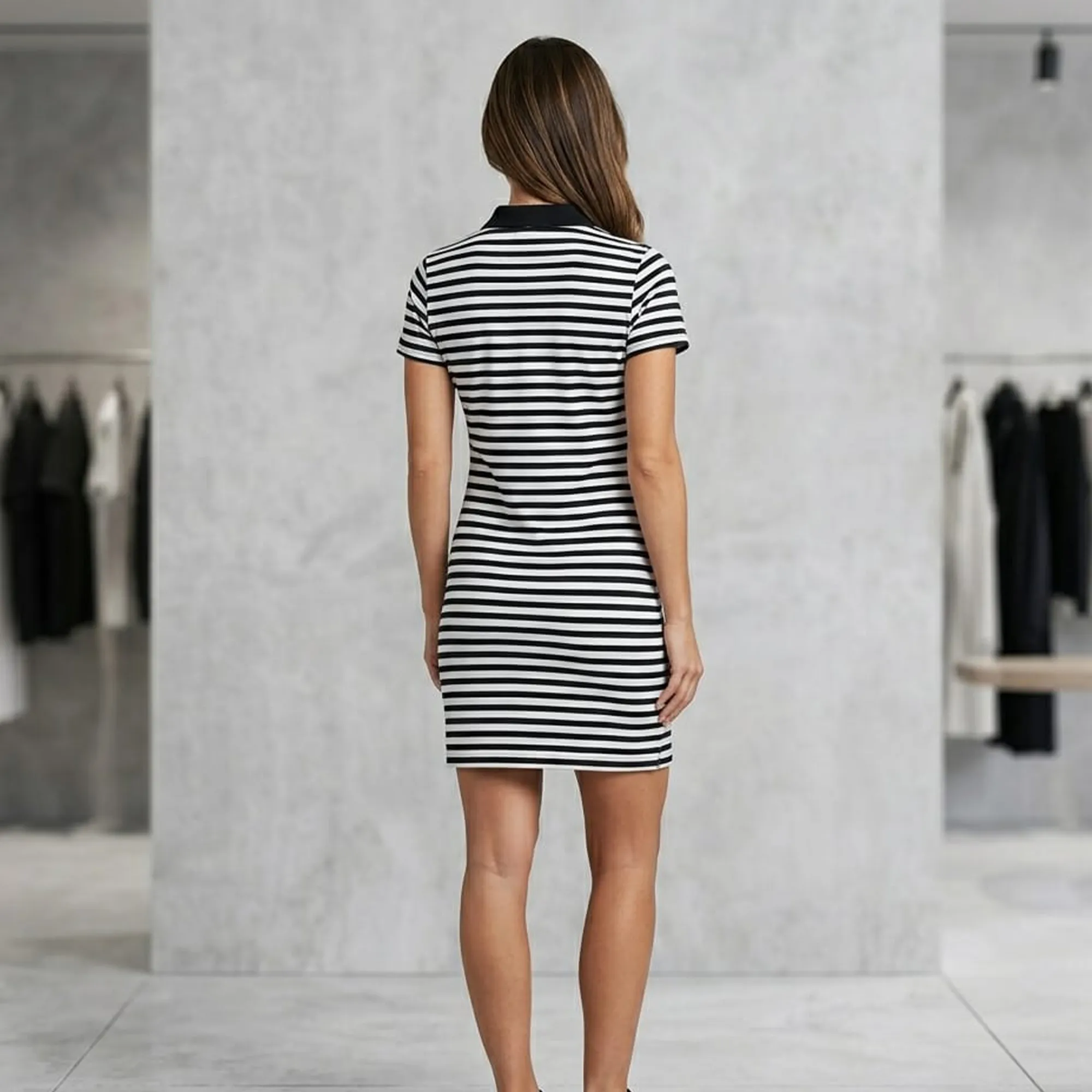 Black-and-white-striped-short-sleeve-polo-mini-dress-for-women