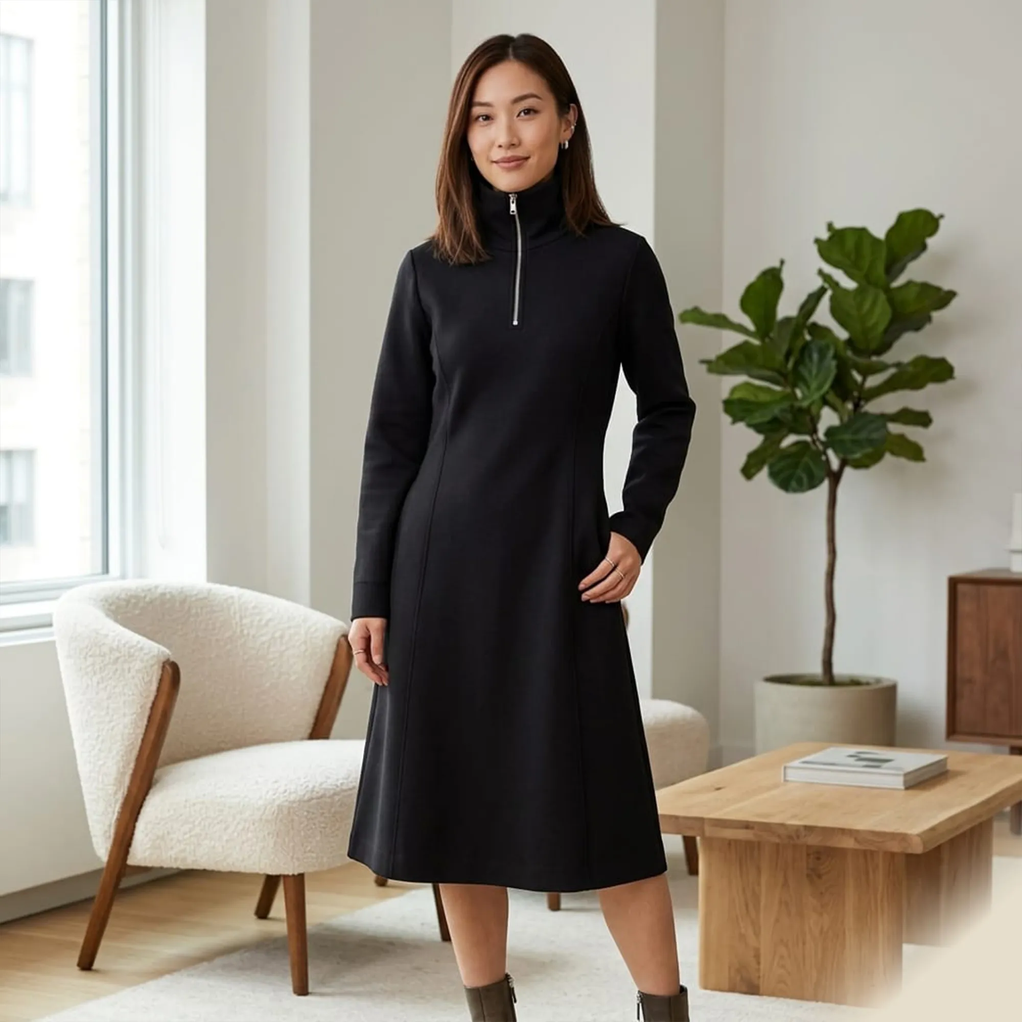 Black-high-neck-quarter-zip-long-sleeve-midi-dress-for-women