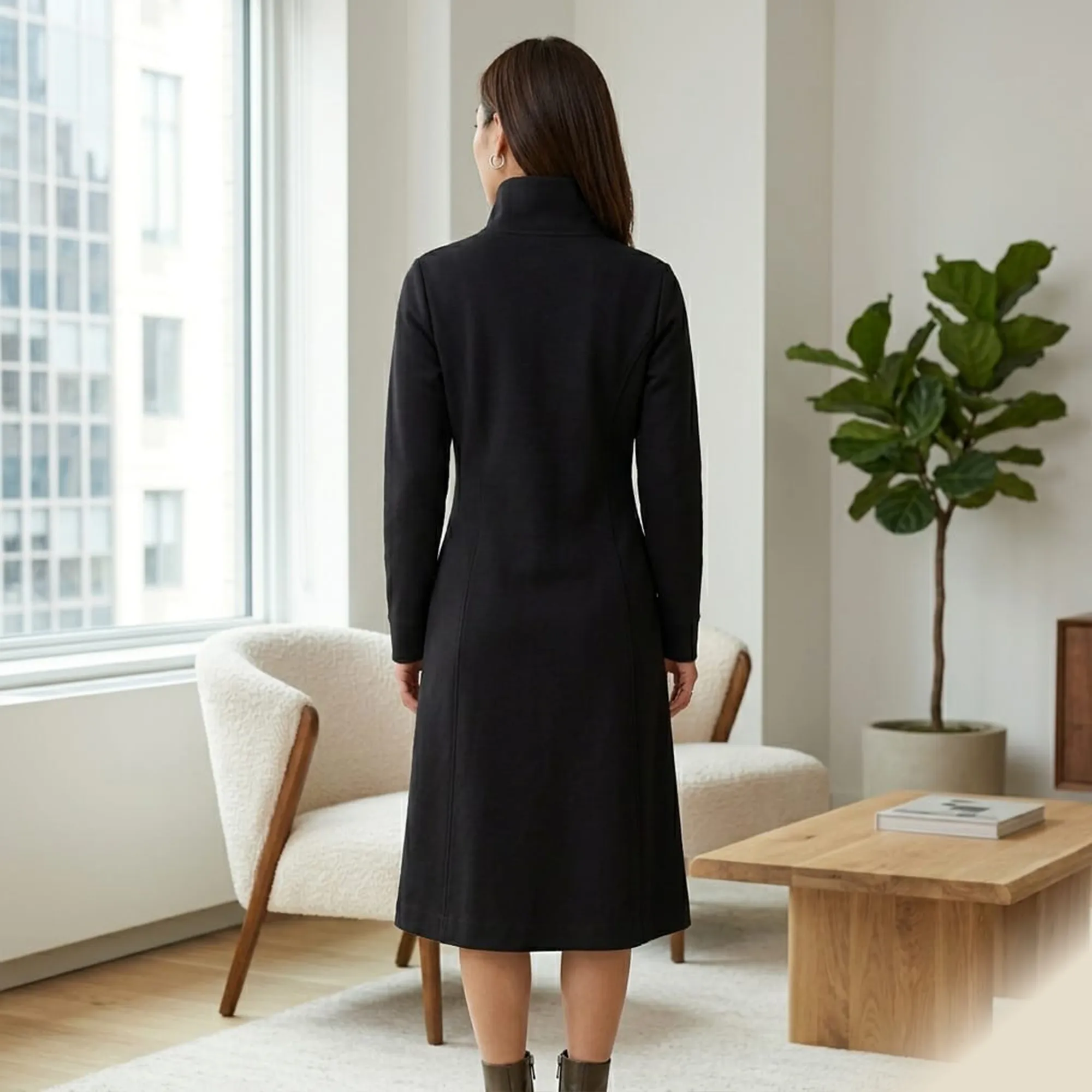 Black-high-neck-quarter-zip-long-sleeve-midi-dress-for-women