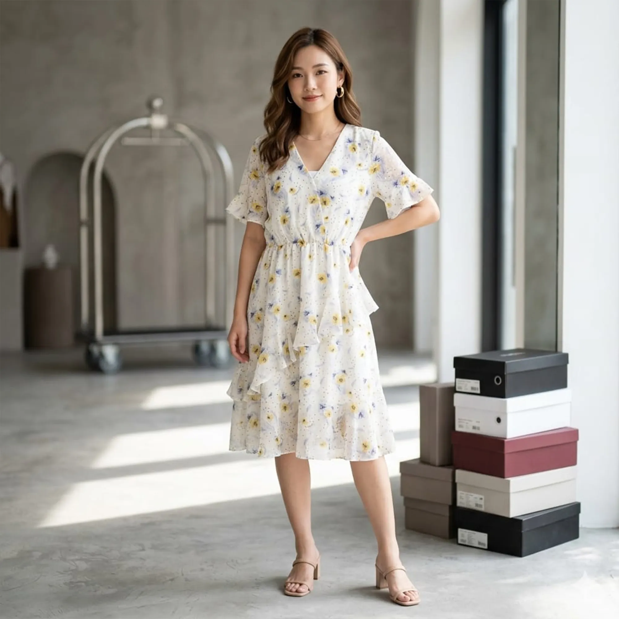 White-floral-print-v-neck-short-sleeve-tiered-ruffle-midi-dress-for-women