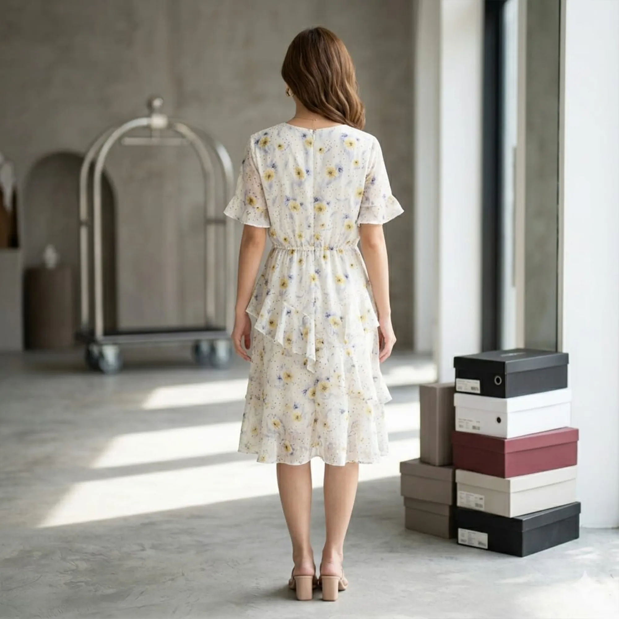 White-floral-print-v-neck-short-sleeve-tiered-ruffle-midi-dress-for-women