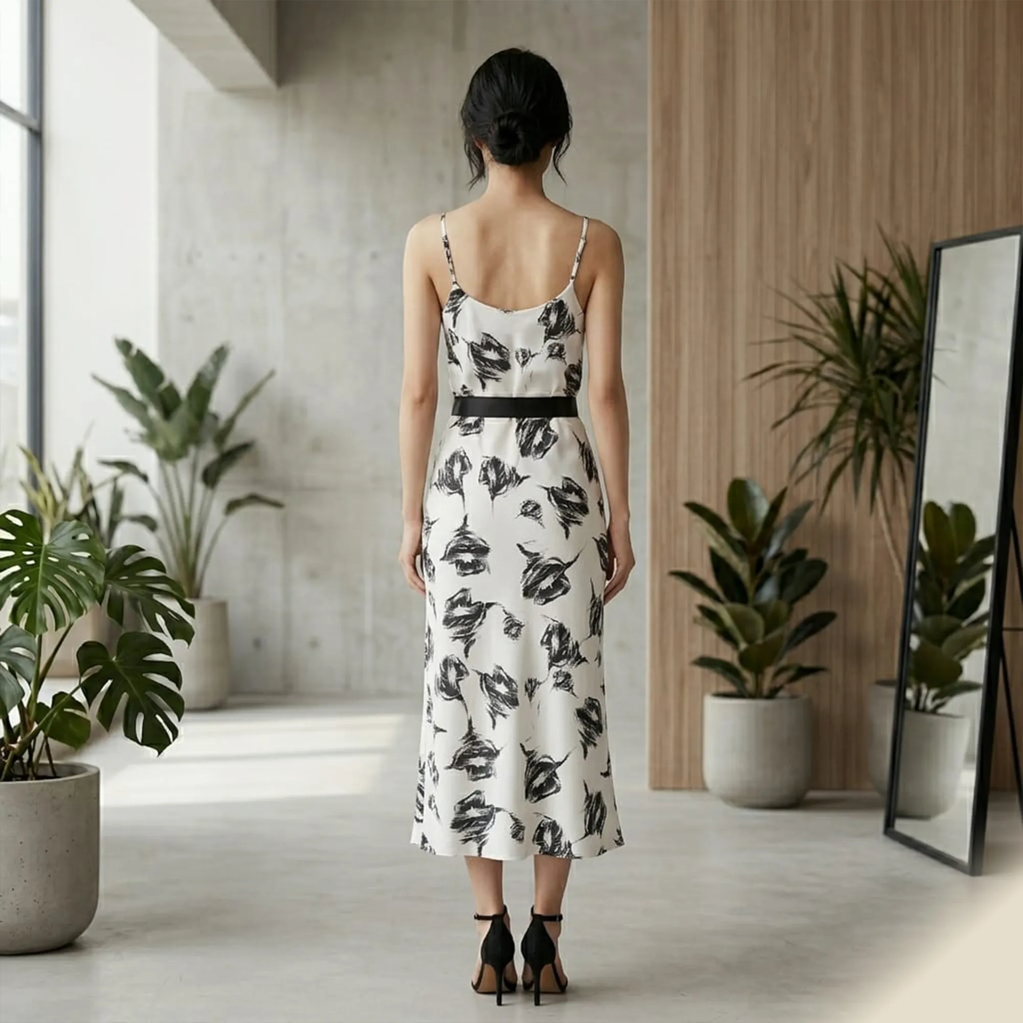 White-and-black-abstract-print-sleeveless-spaghetti-strap-midi-dress-for-women