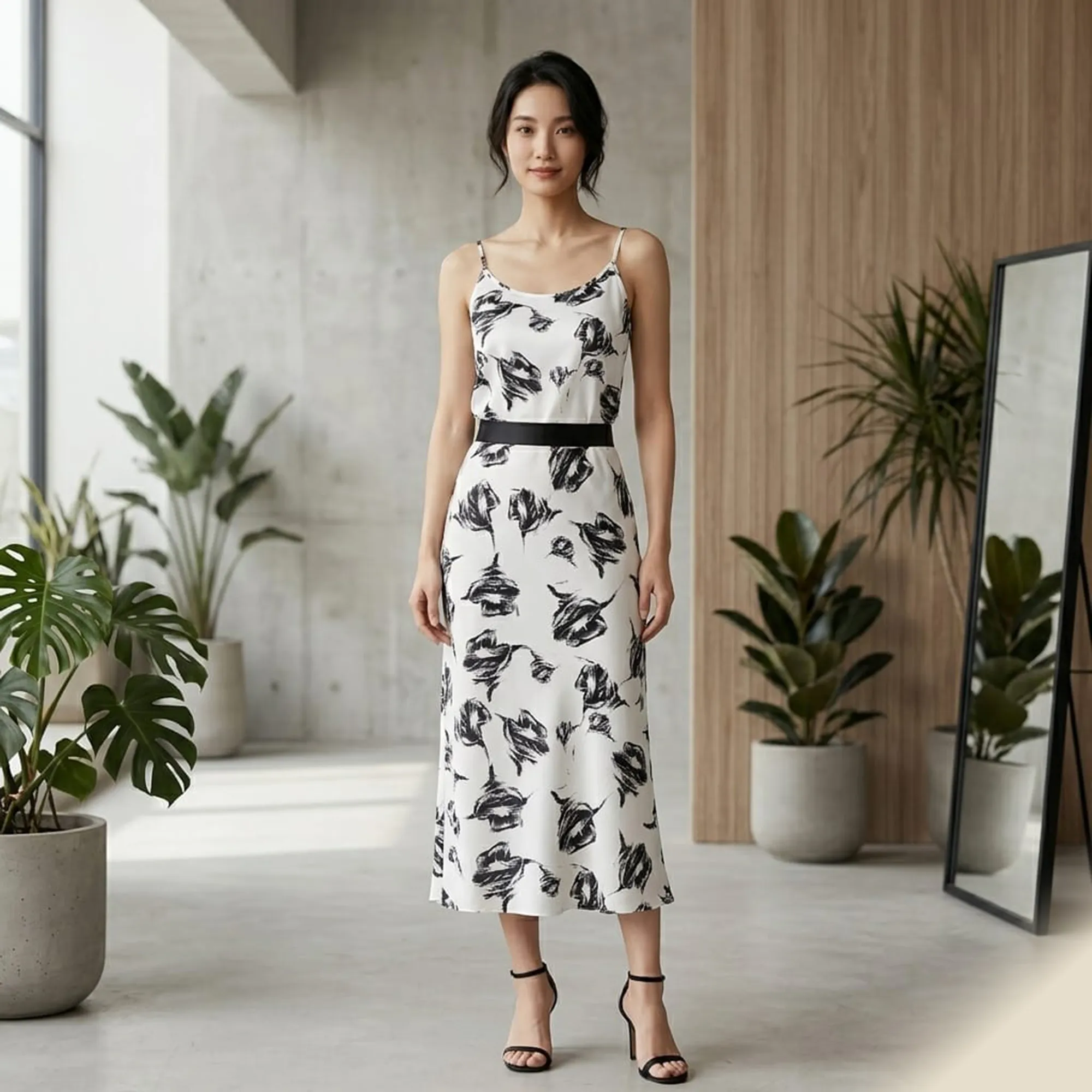 White-and-black-abstract-print-sleeveless-spaghetti-strap-midi-dress-for-women