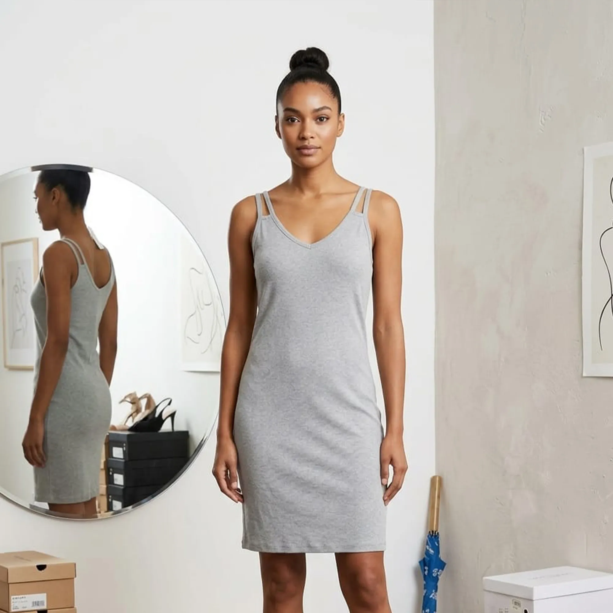 Grey-sleeveless-V-neck-bodycon-knit-mini-dress-for-women